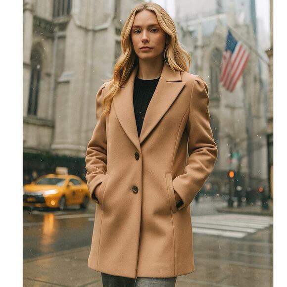 Karl Lagerfeld Paris Camel Wool Blend Puff Sleeve Long Topper Coat Jacket NEW - Picture 3 of 15